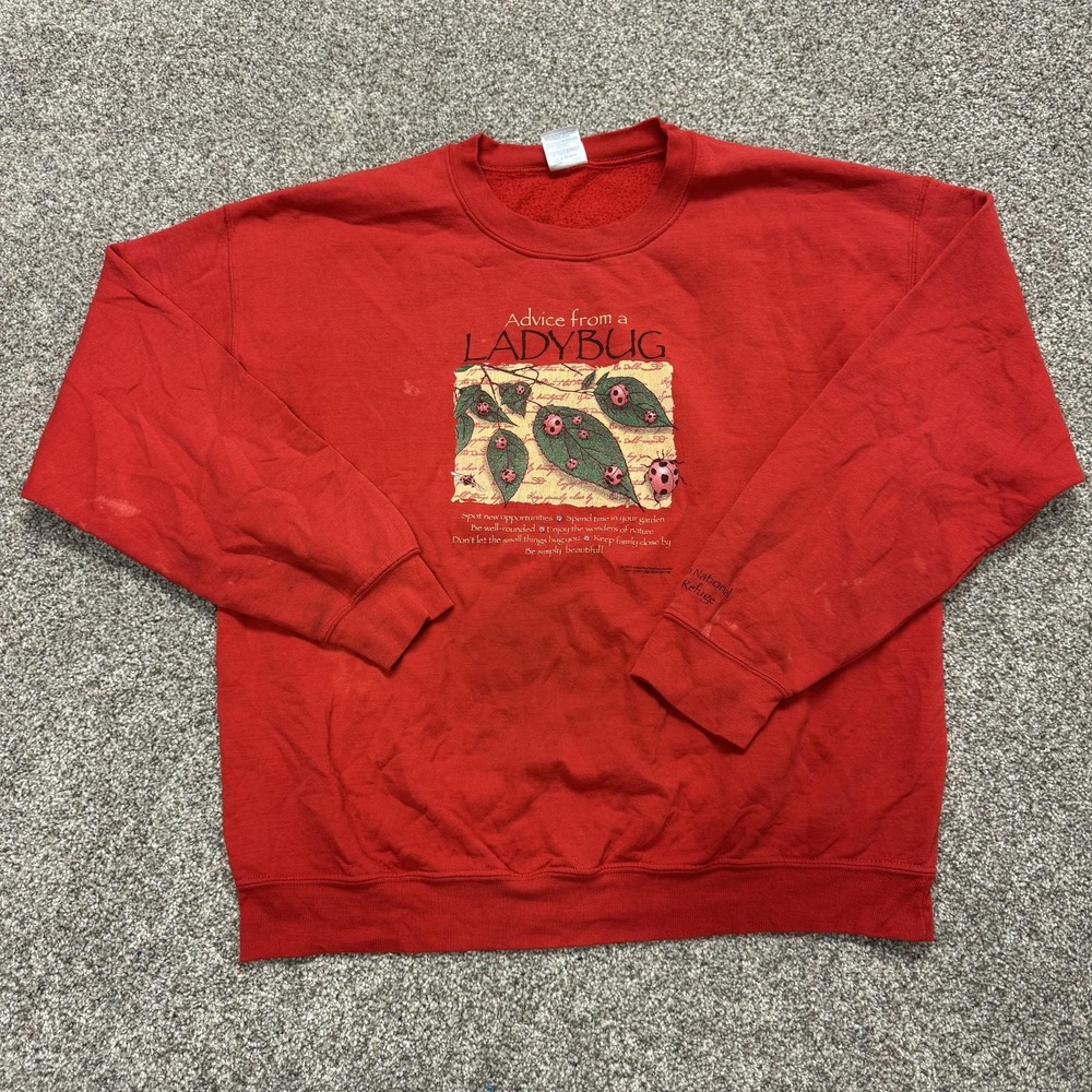 Gildan Sweatshirt Mens Large Red Fleece Pullover Crewneck Ladybug Garden Graphic